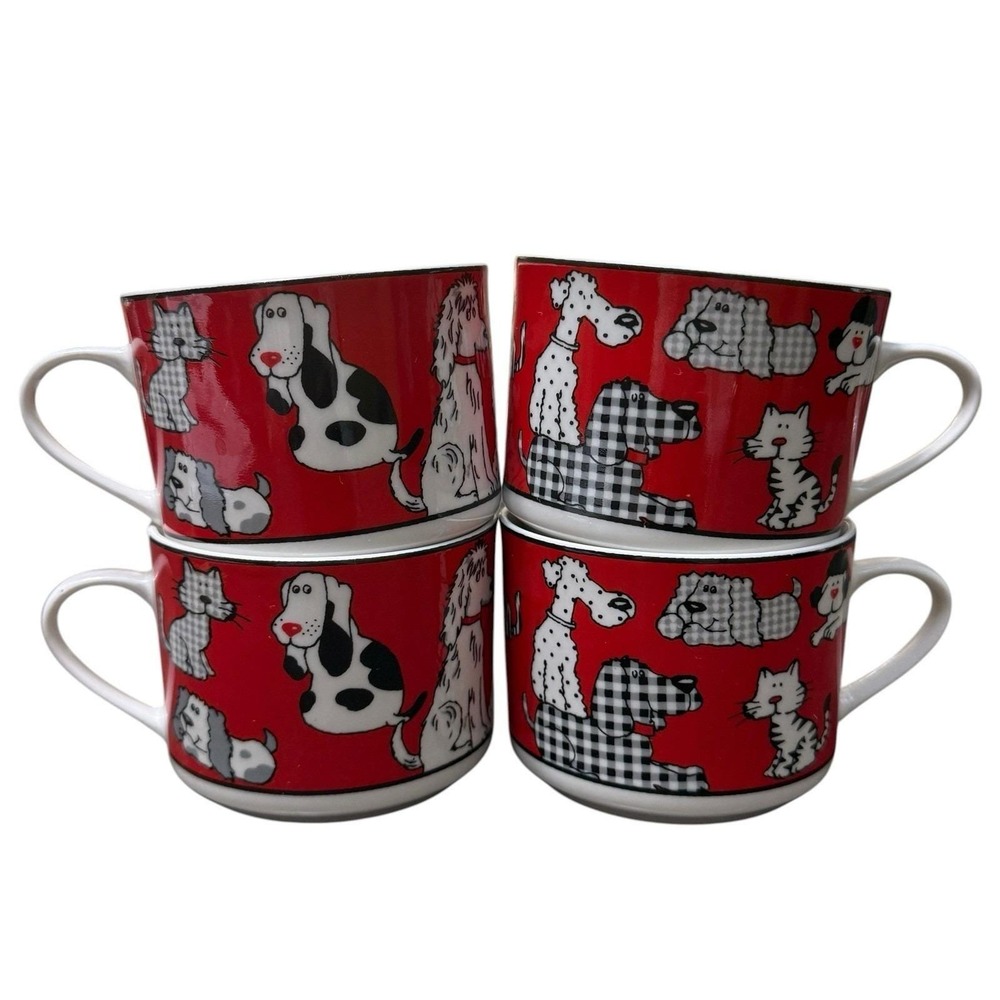 Living Quarters Red Dogs Cats Porcelain Soup Mugs Cups Carson Pirie Set Of 4